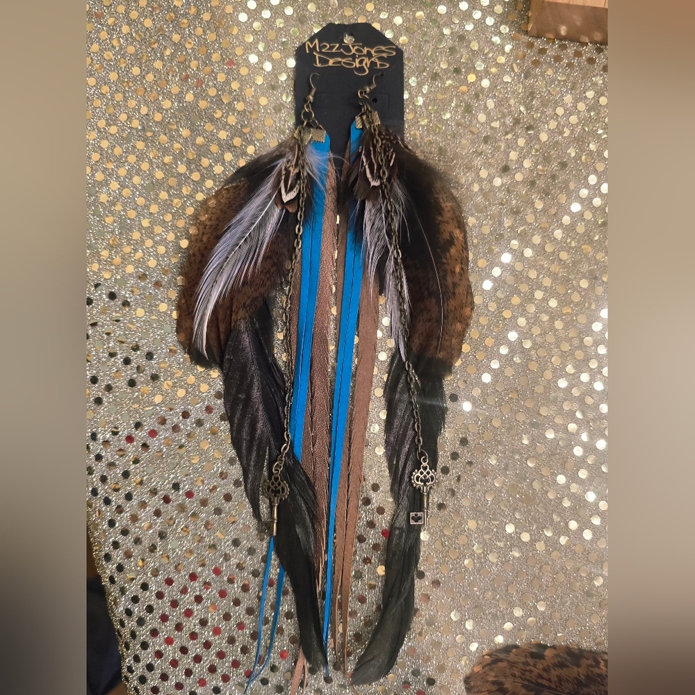 New! Long Earrings Leather, Feather, Chain Native Handcrafted Jewelry